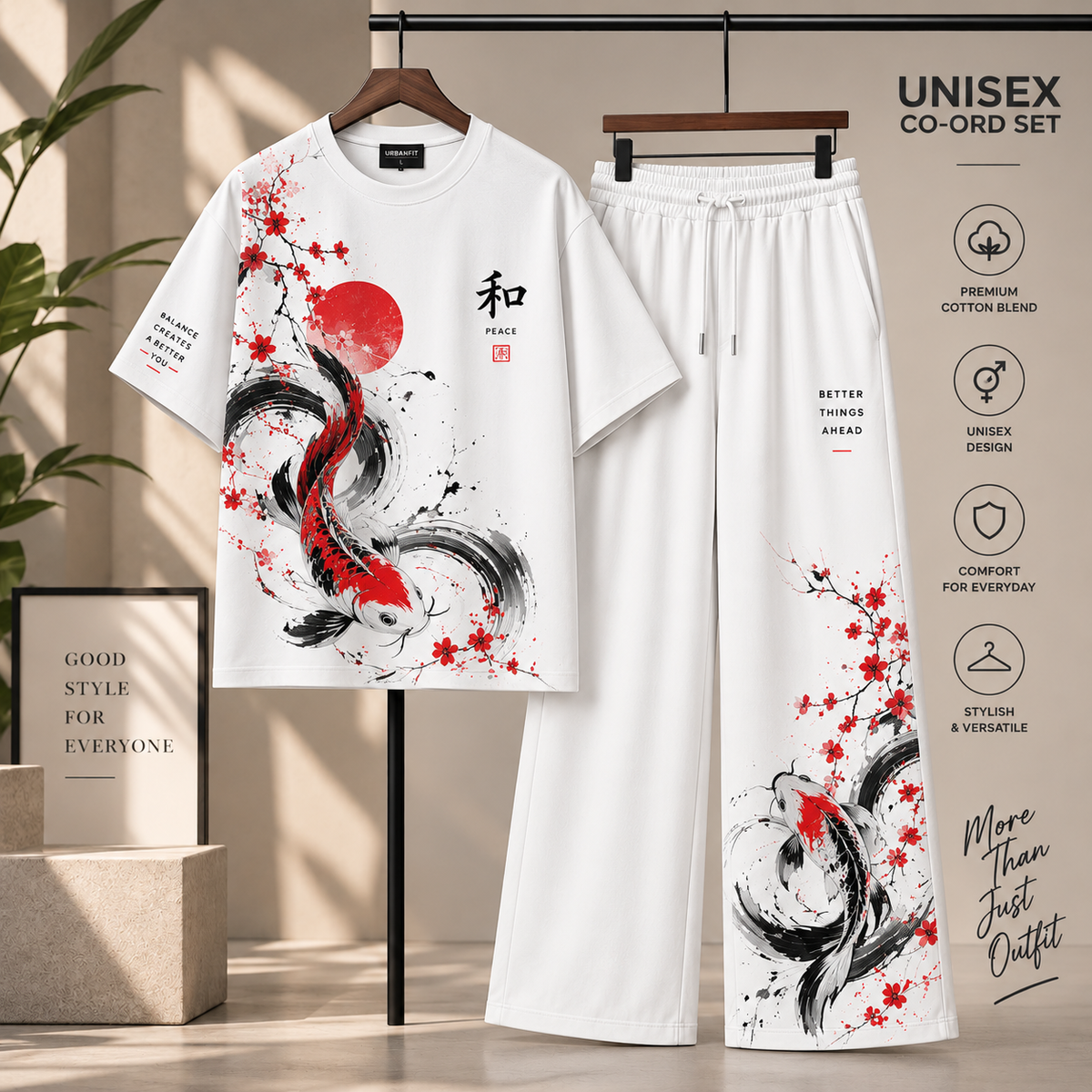 Japanese Koi Fish Print Unisex Co-Ord Set | Oversized Tee & Wide-Leg Pants