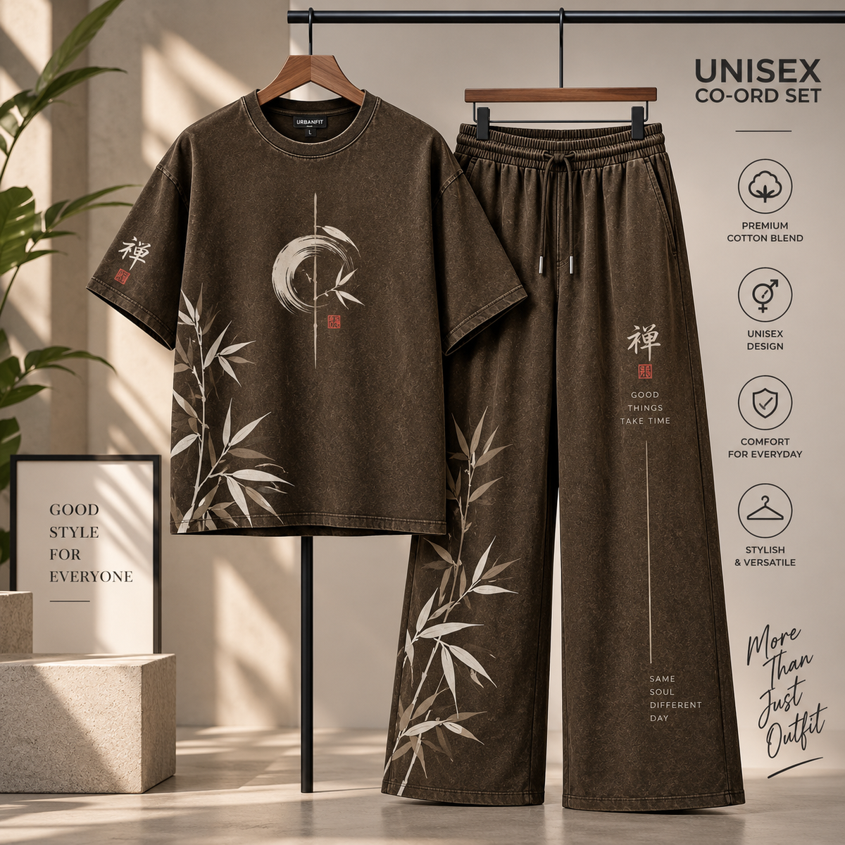 Zen Bamboo Print Unisex Co-Ord Set | Vintage Wash Oversized Tee & Wide-Leg Pants