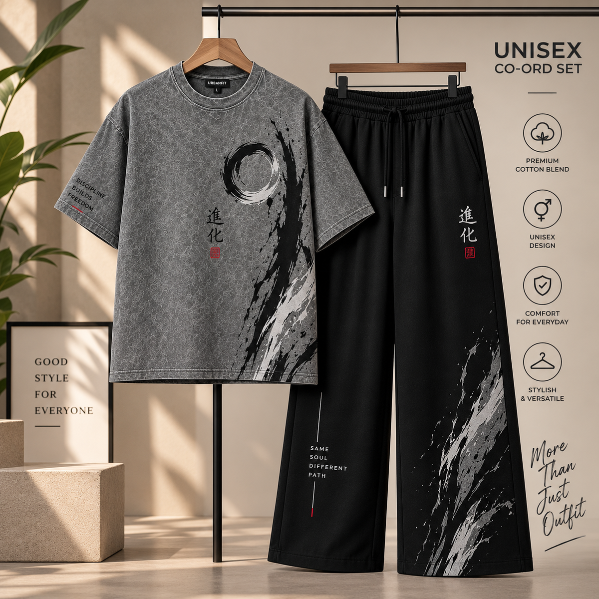 Enso Ink-Splash Print Unisex Co-Ord Set | Vintage Grey Tee & Black Wide-Leg Pants