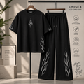 Tribal Flame Print Unisex Co-Ord Set | All-Black Oversized Tee & Wide-Leg Pants