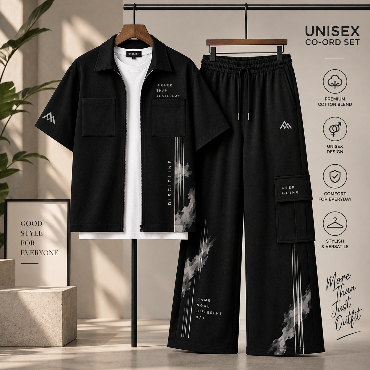 Discipline Print Unisex Zip-Up Cargo Co-Ord Set | Black Shirt & Cargo Pants